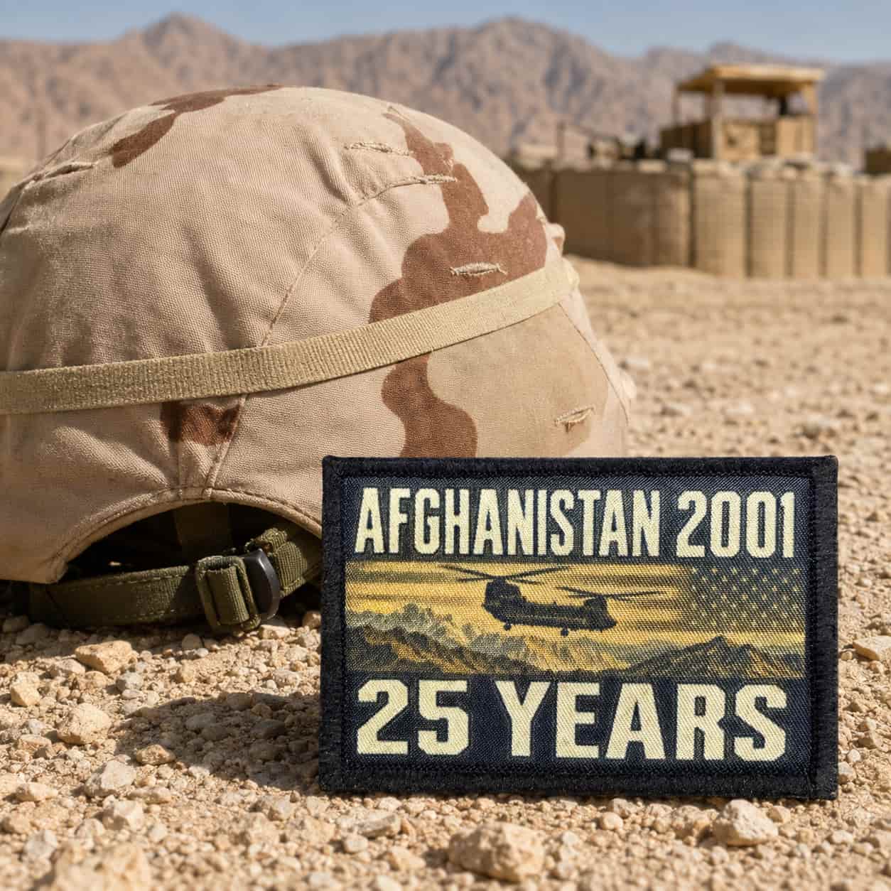 Afghanistan 2001 25 Years Morale Patch close-up of dye-sublimation printed Chinook silhouette and dust storm