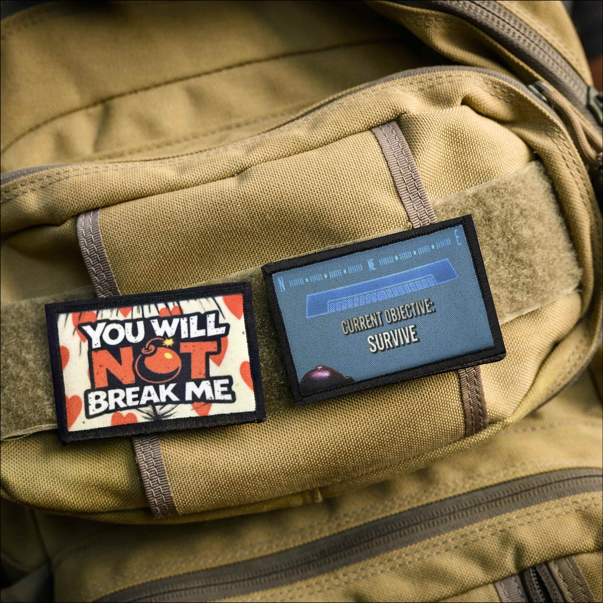 Halo Reach Current Objective Survive morale patch showing a glowing blue video game HUD screen with bold white text