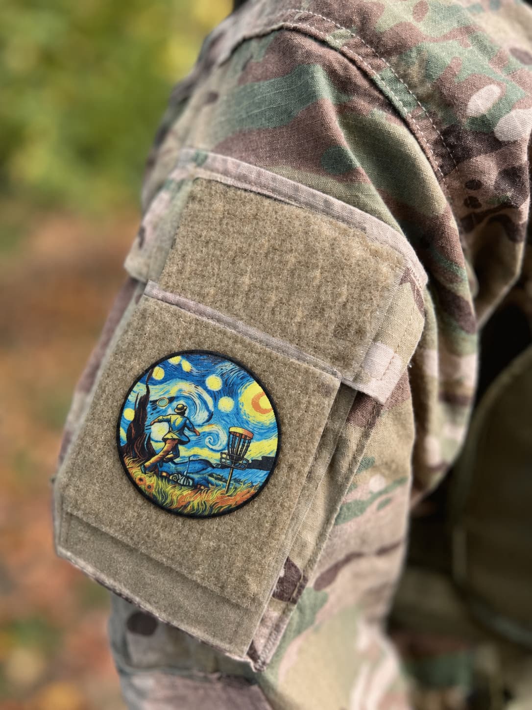 Disc Golf Van Gogh Painting Starry Night Hook and Loop Morale Patch on multicam shoulder sleeve