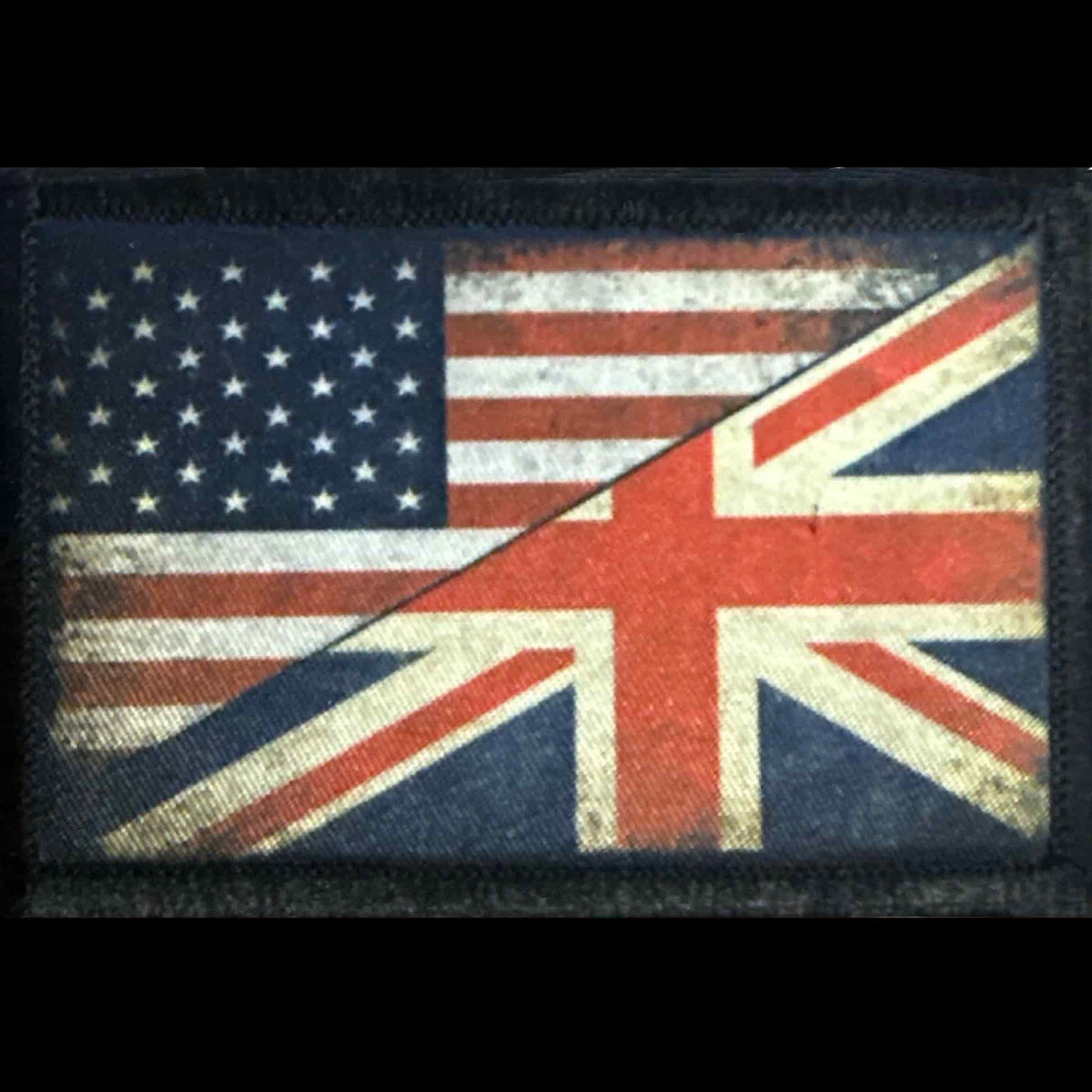  distressed British Union Jack and USA flag morale patch with a diagonal split design
