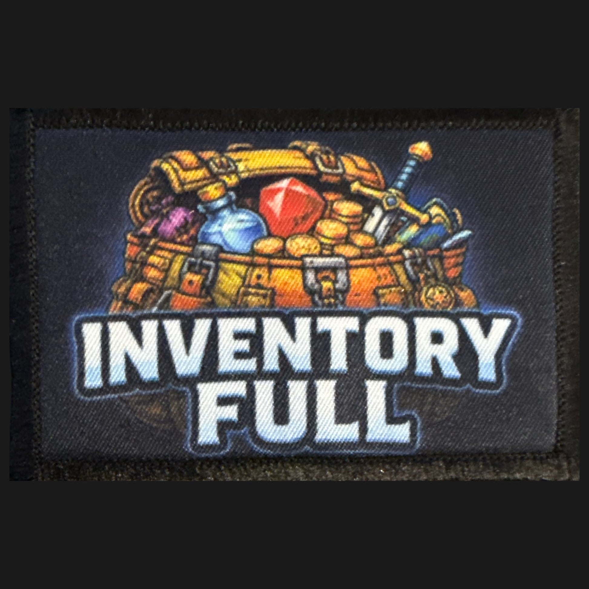 Inventory Full morale  patch showing an overflowing RPG loot chest with gold coins potions and a sword