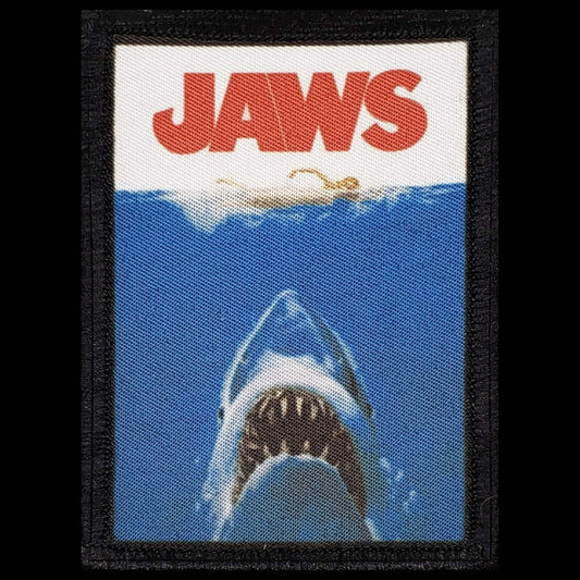 Jaws Shark Morale Patch showing the classic movie poster great white shark rising from deep blue water with bold red JAWS title text