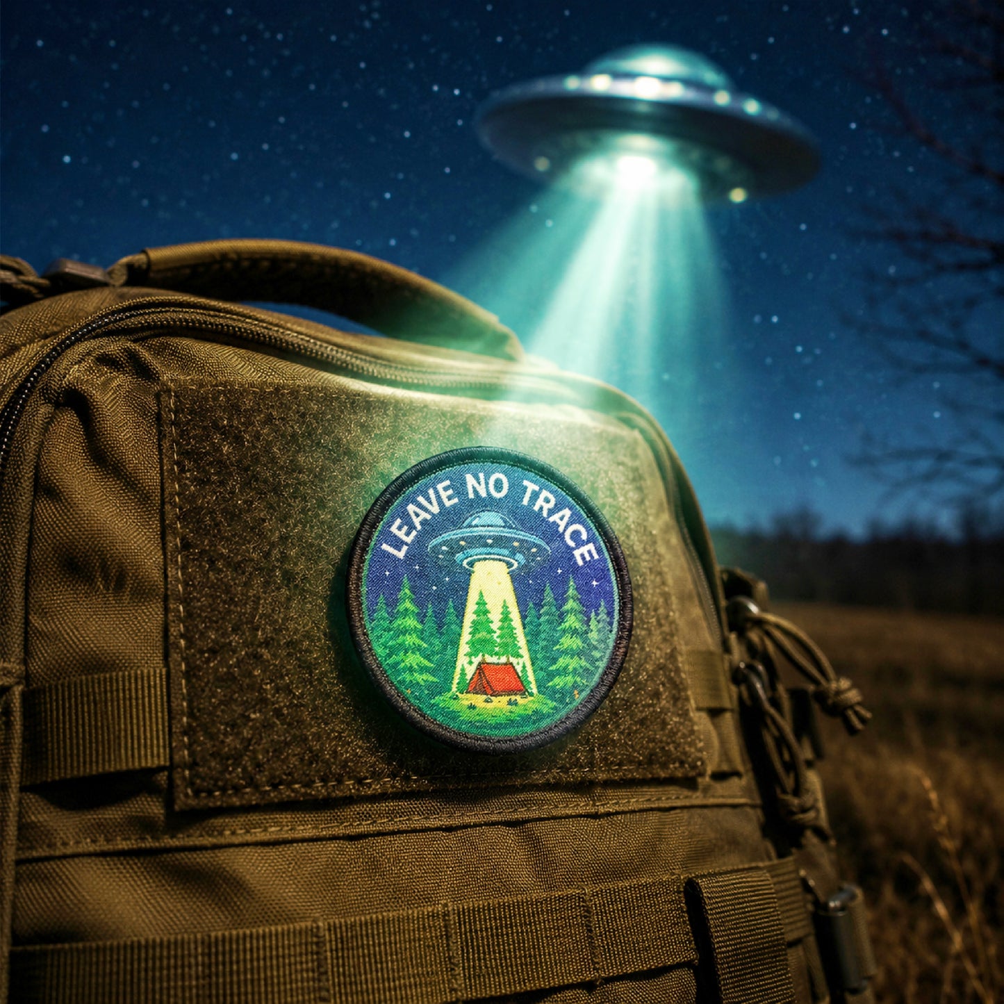 Close-up of the Leave No Trace UFO Patch showing the washable dye-sublimation print with sharp starfield and tractor beam detail that won't fade or crack.
