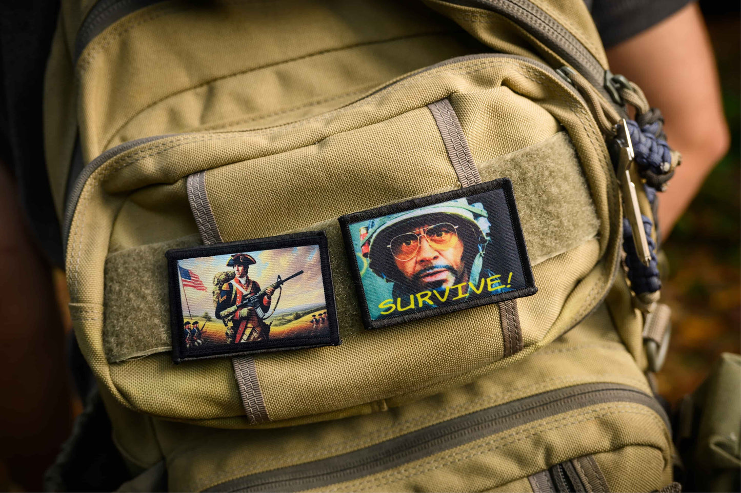 Modern Patriot 1776 2x3 hook and Loop Morale Patch on a tan backpack