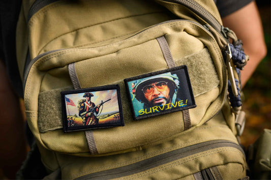 Modern Patriot 1776 2x3 hook and Loop Morale Patch on a tan backpack