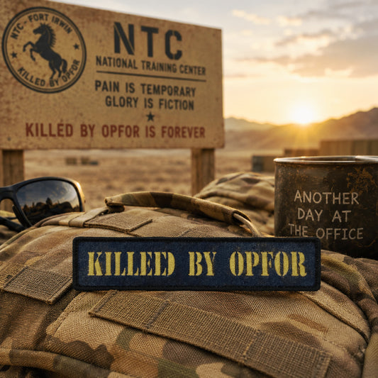 Killed by OPFOR patch, 1x4 inch black strip with tan stencil lettering, dye-sublimation printed morale patch