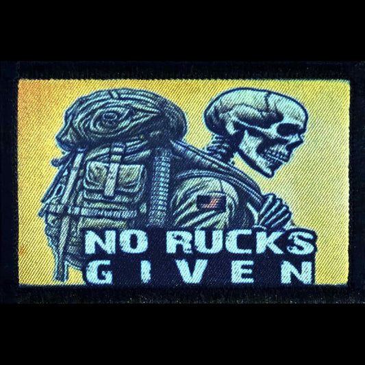 No Rucks Given patch with hook and loop backing for attaching to rucksacks, plate carriers, and range bags