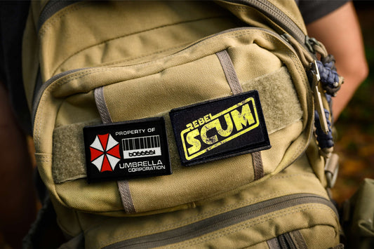 Proprty of Umbrella Corporation Hook and Loop Morale patch ID Card on a tactical backpack