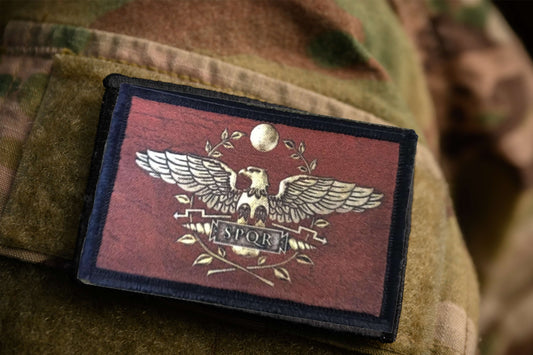 Roman Legion SPQR Hook and Loop Morale Patch on multicam sleeve
