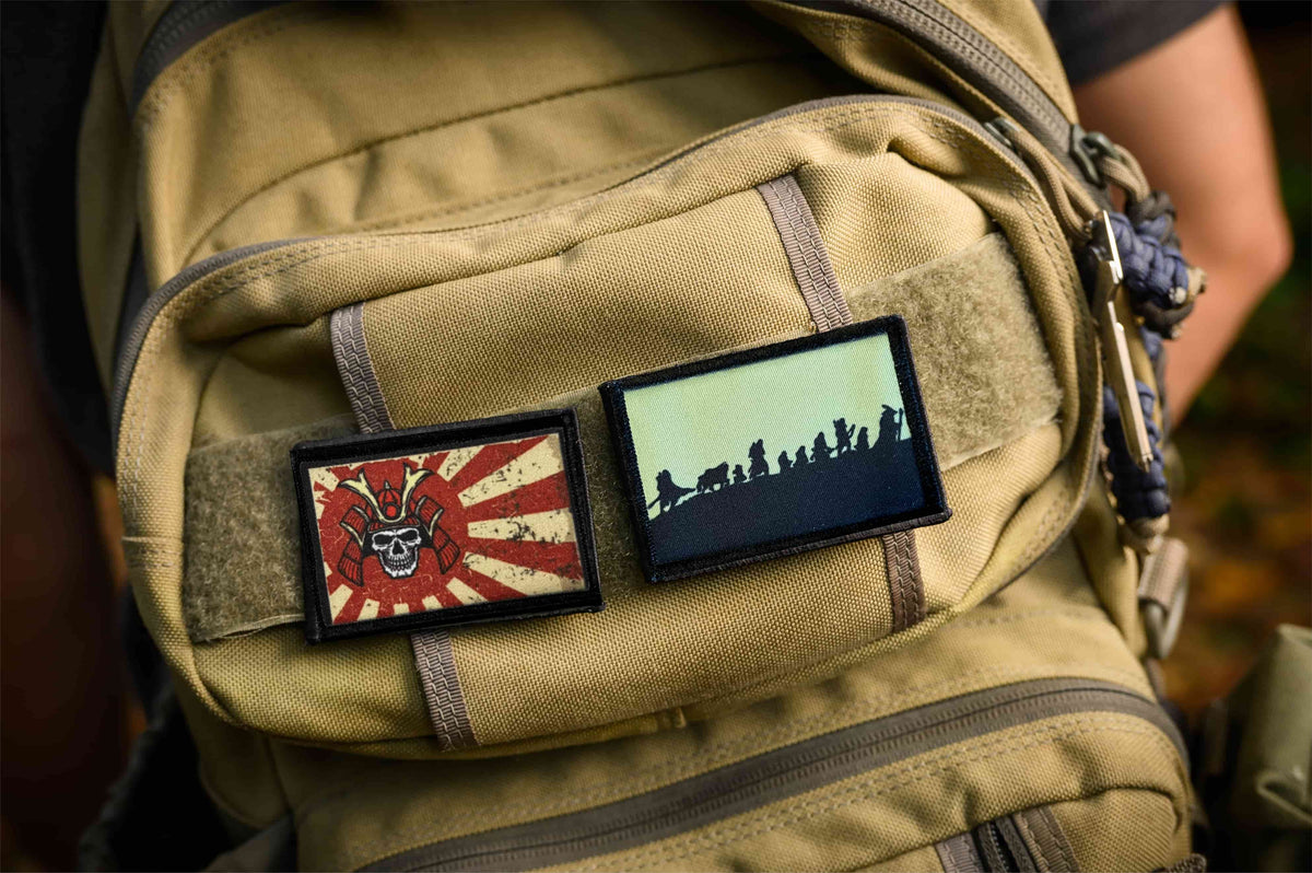  Samurai Skull Rising Sun Flag morale patch displayed on a backpack with bold Japanese warrior artwork