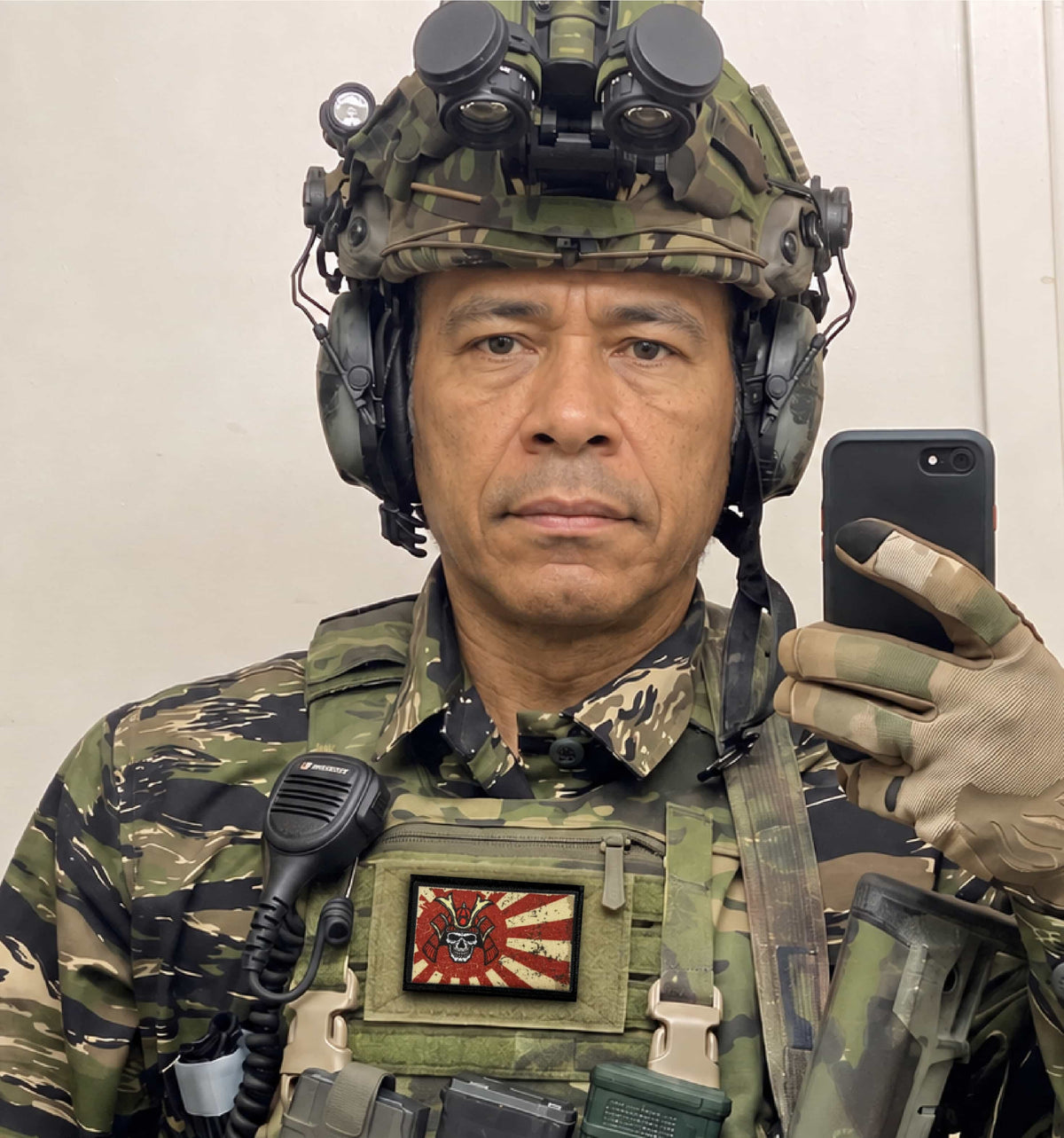 Samurai Skull Rising Sun Flag morale patch attached to a tactical vest loop panel