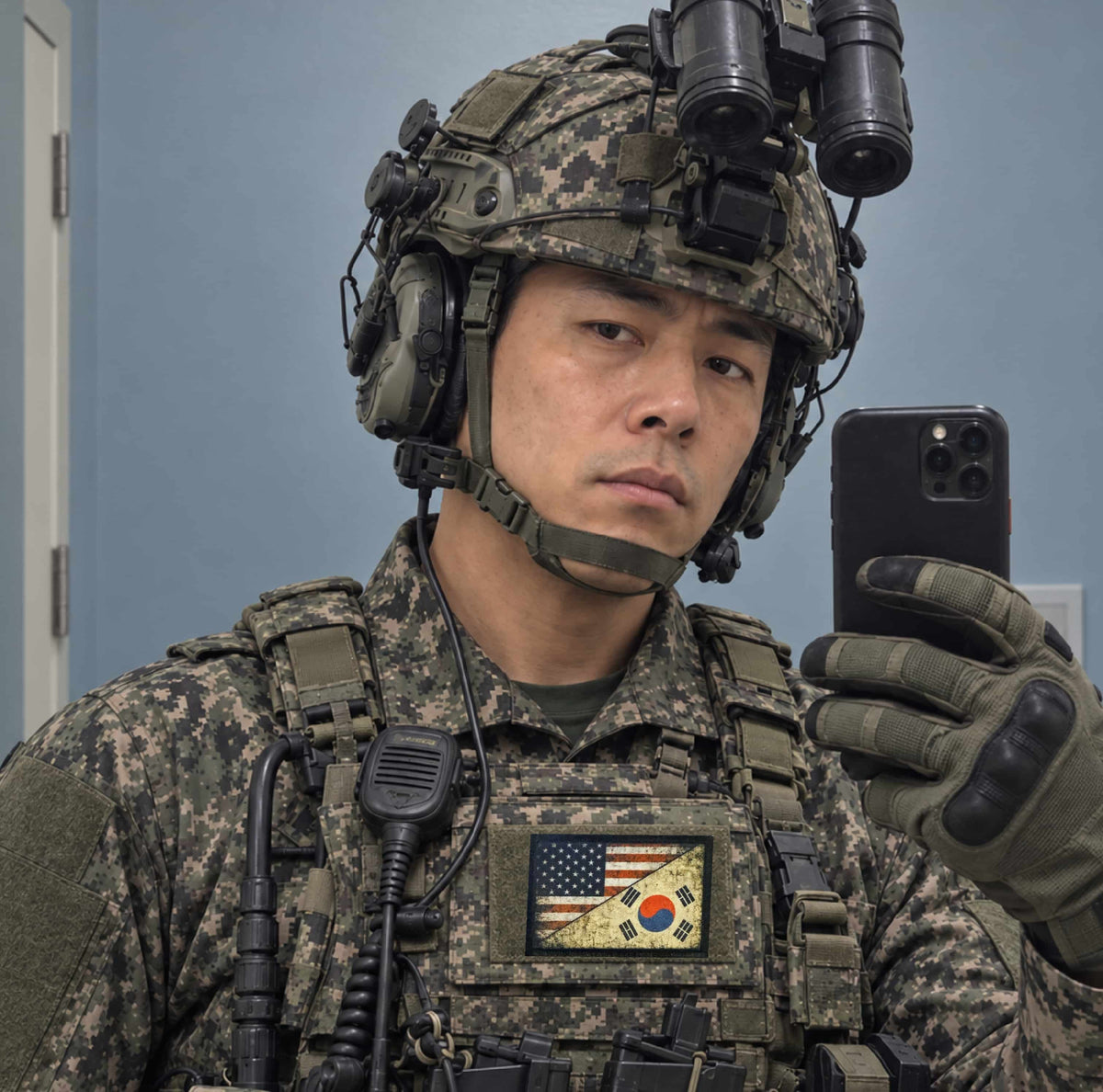 Distressed USA South Korean Flag Morale Patch attached to a backpack, hat, vest, or range bag
