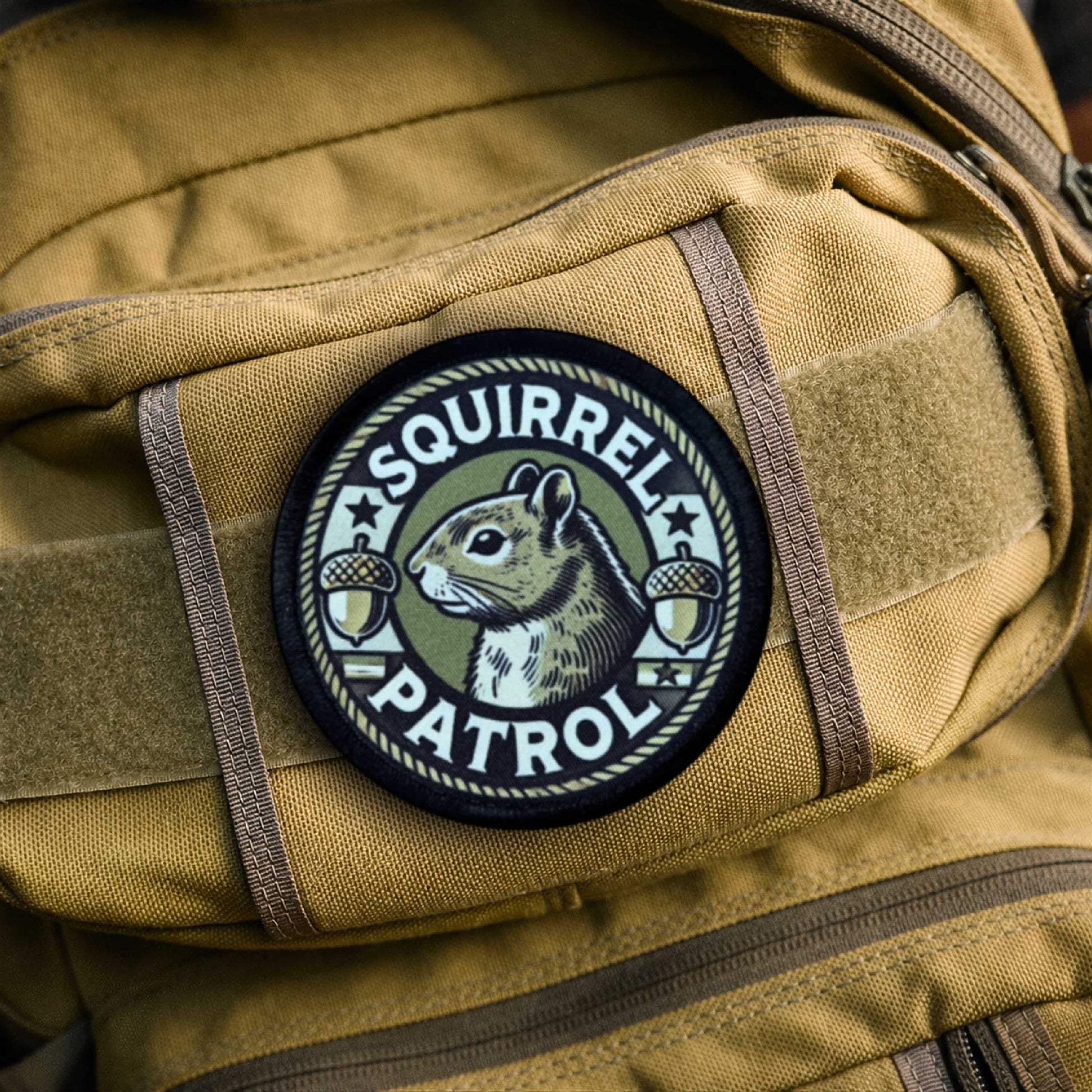 Squirrel Patrol Secret Squirrel Morale Patch on a tactical backpack