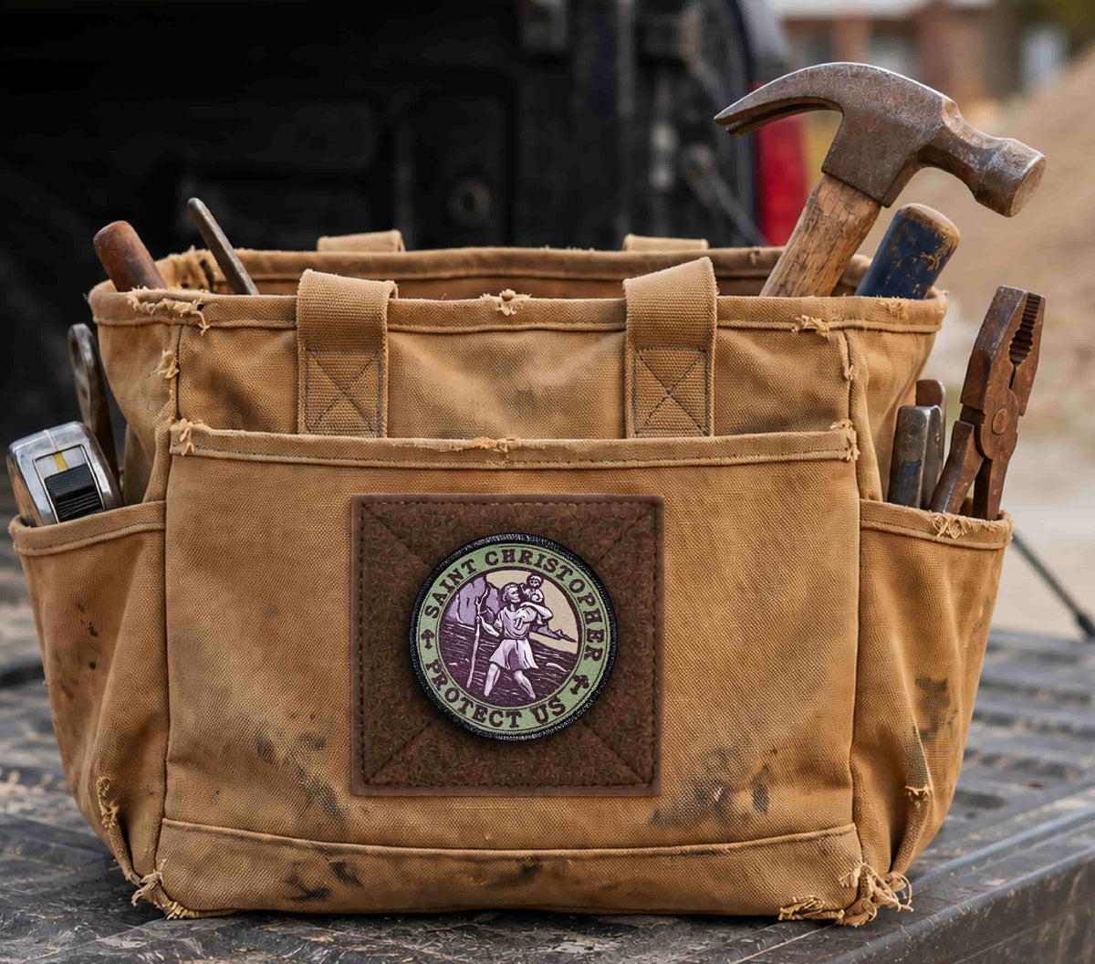 St Christopher Protect Us Morale Patch with Hook and Loop Backing on a tool bag