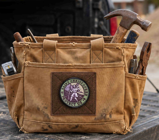 St Christopher Protect Us Morale Patch with Hook and Loop Backing on a tool bag
