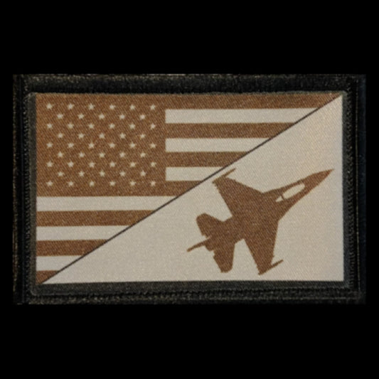 Subdued F-16 USA Flag Morale Patch showing desert-tan American flag and F-16 silhouette on a 2x3 inch fabric patch