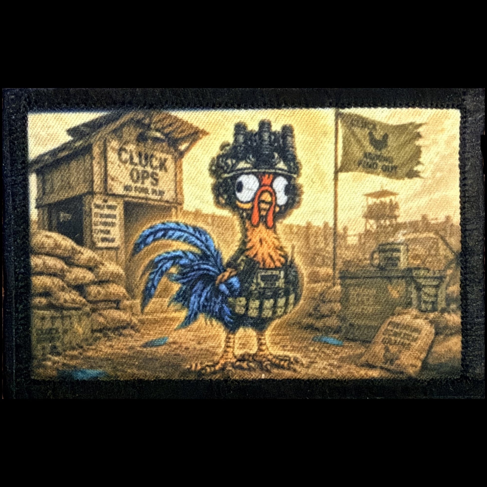 Tactical Chicken Morale Patch showing a fully-kitted cartoon rooster in helmet and plate carrier at the Cluck Ops FOB