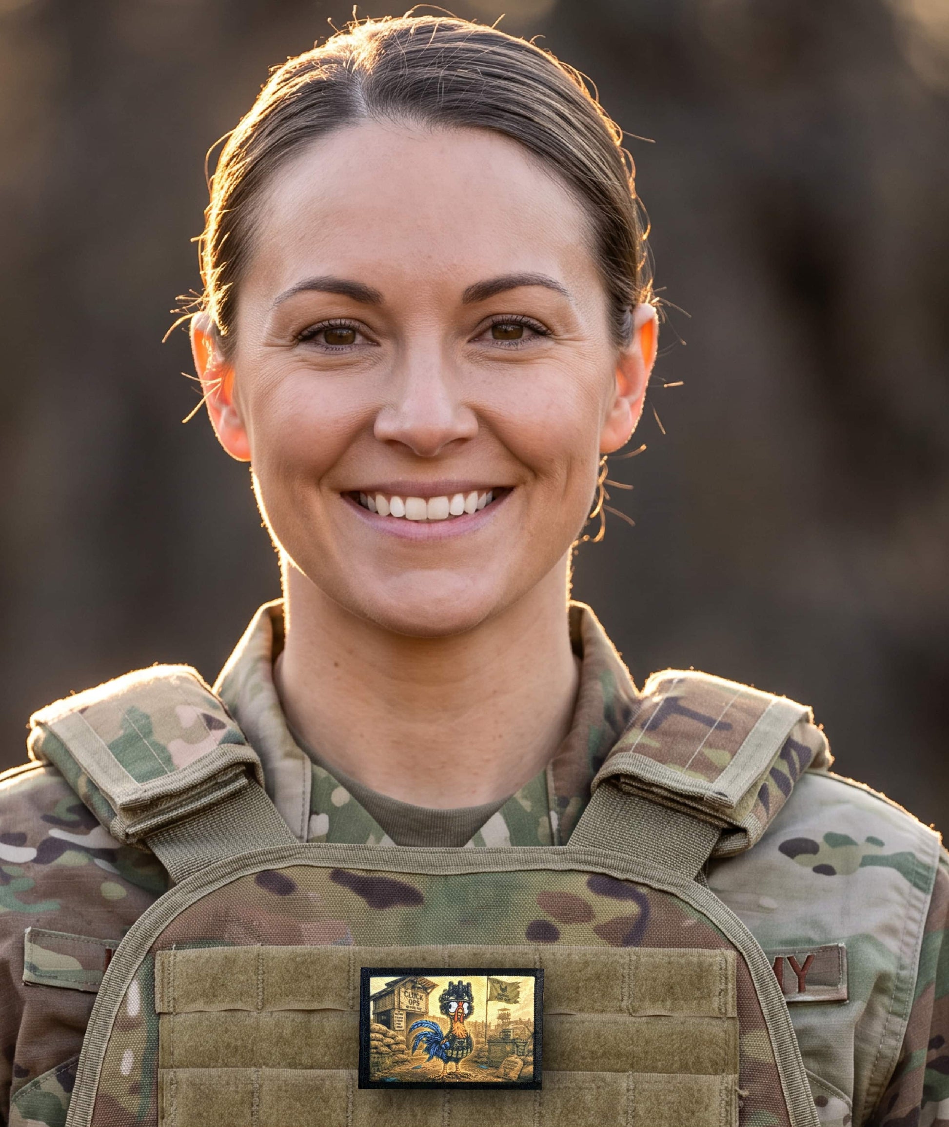 Tactical Chicken Morale Patch with hook-and-loop backing shown on a plate carrier attachment point