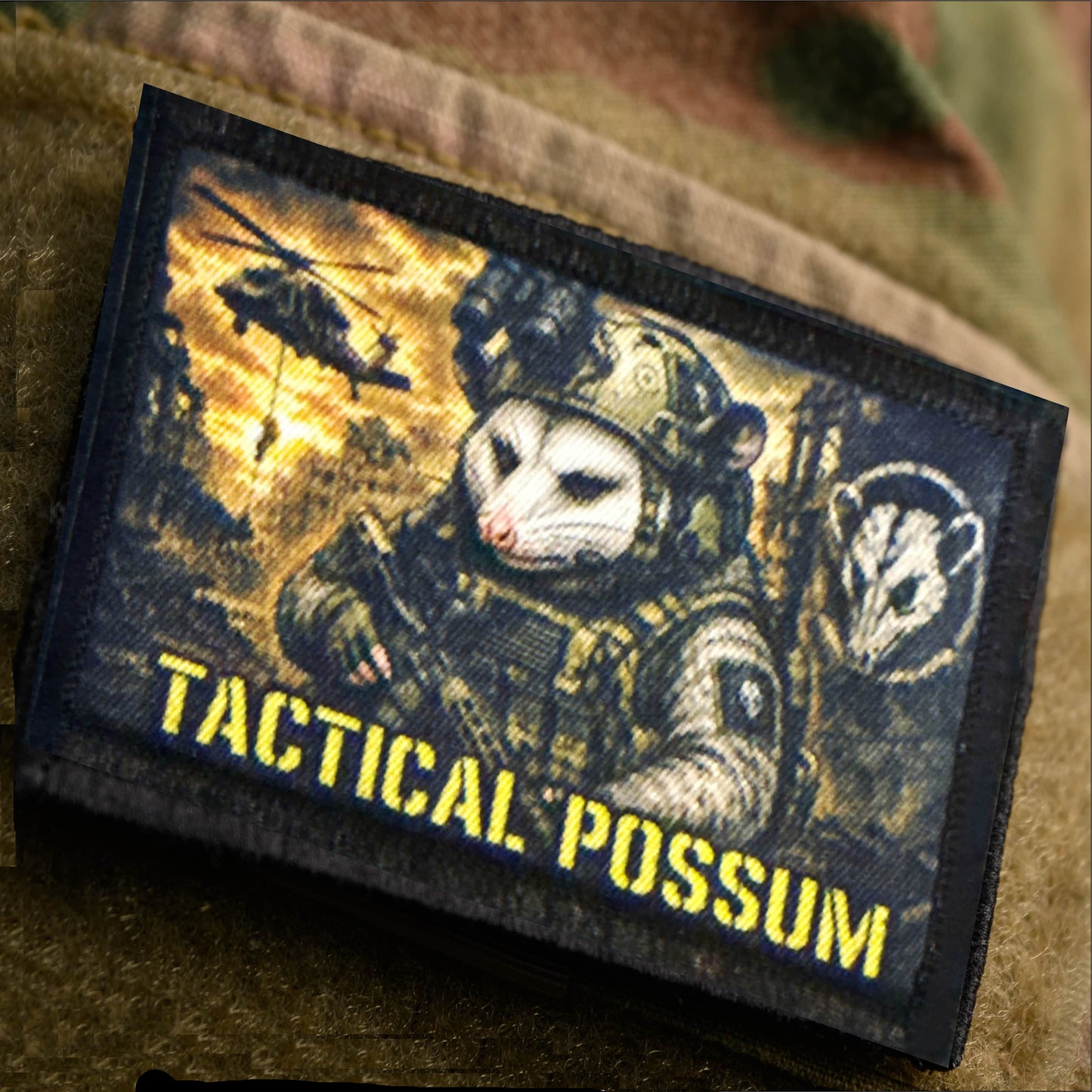 Tactical Possum Opossum Morale Patch on an OCP Camo Sleeve