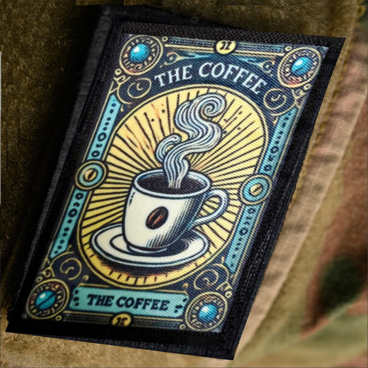 The Coffee Tarot Card Morale Patch on multicam shirt sleeve