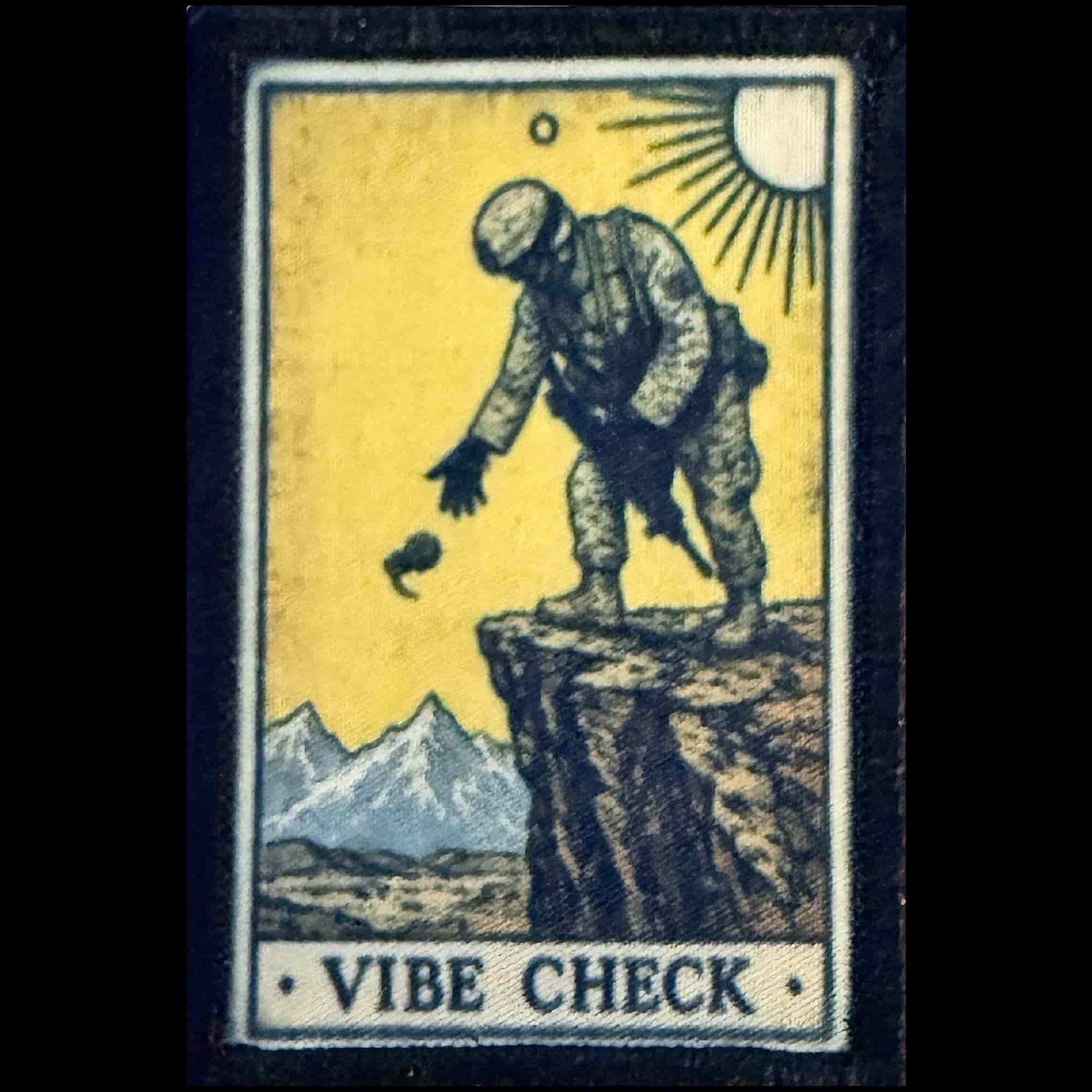 Vibe Check Meme Tarot Card Morale Patch showing a helmeted soldier dropping a grenade from a cliff edge in vintage tarot card style
