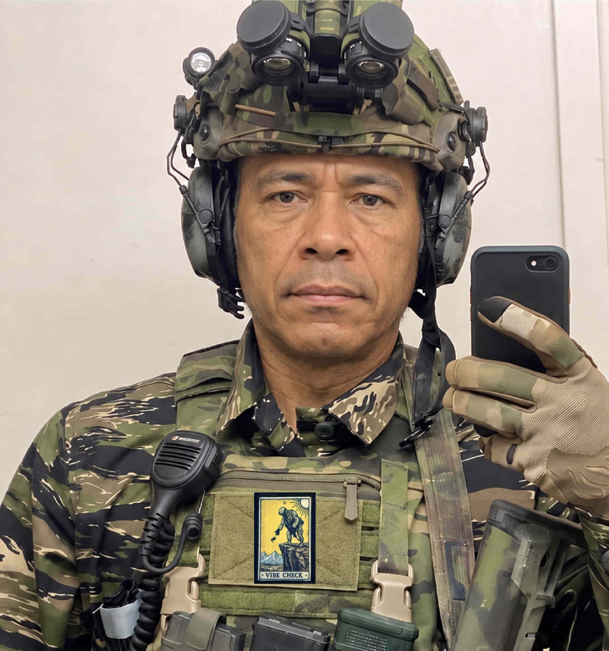 Vibe Check Meme Tarot Card Morale Patch with loop-side hook and loop backing for attaching to plate carriers and tactical gear