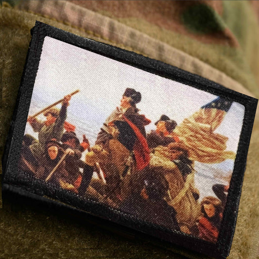  George Washington Crossing the Delaware morale patch showing 2 x 3 inch size and hook-and-loop backing on an OCP camo sleeve
