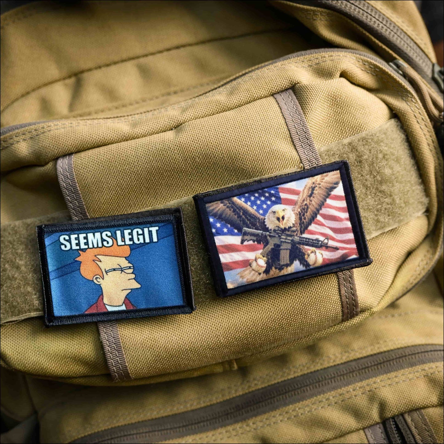 Patriotic USA Flag with eagle, Baseballs morale patch on a tan backpack