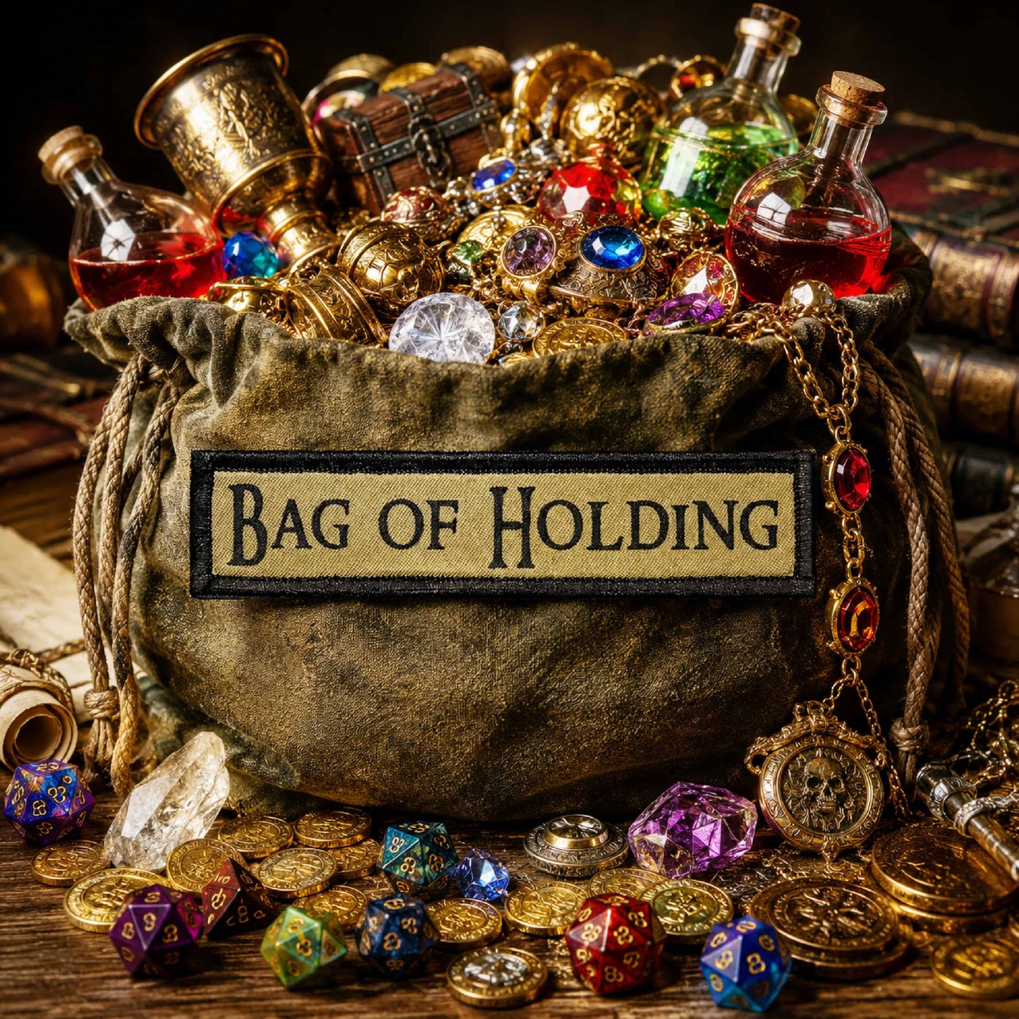 Bag of holding hook and loop 1x4 morale patch on a bag of Dungeons and dragons loot
