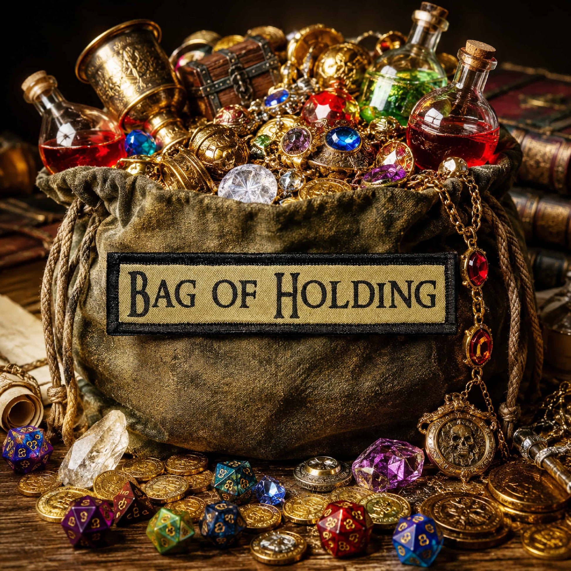 Bag of holding hook and loop 1x4 morale patch on a bag of Dungeons and dragons loot