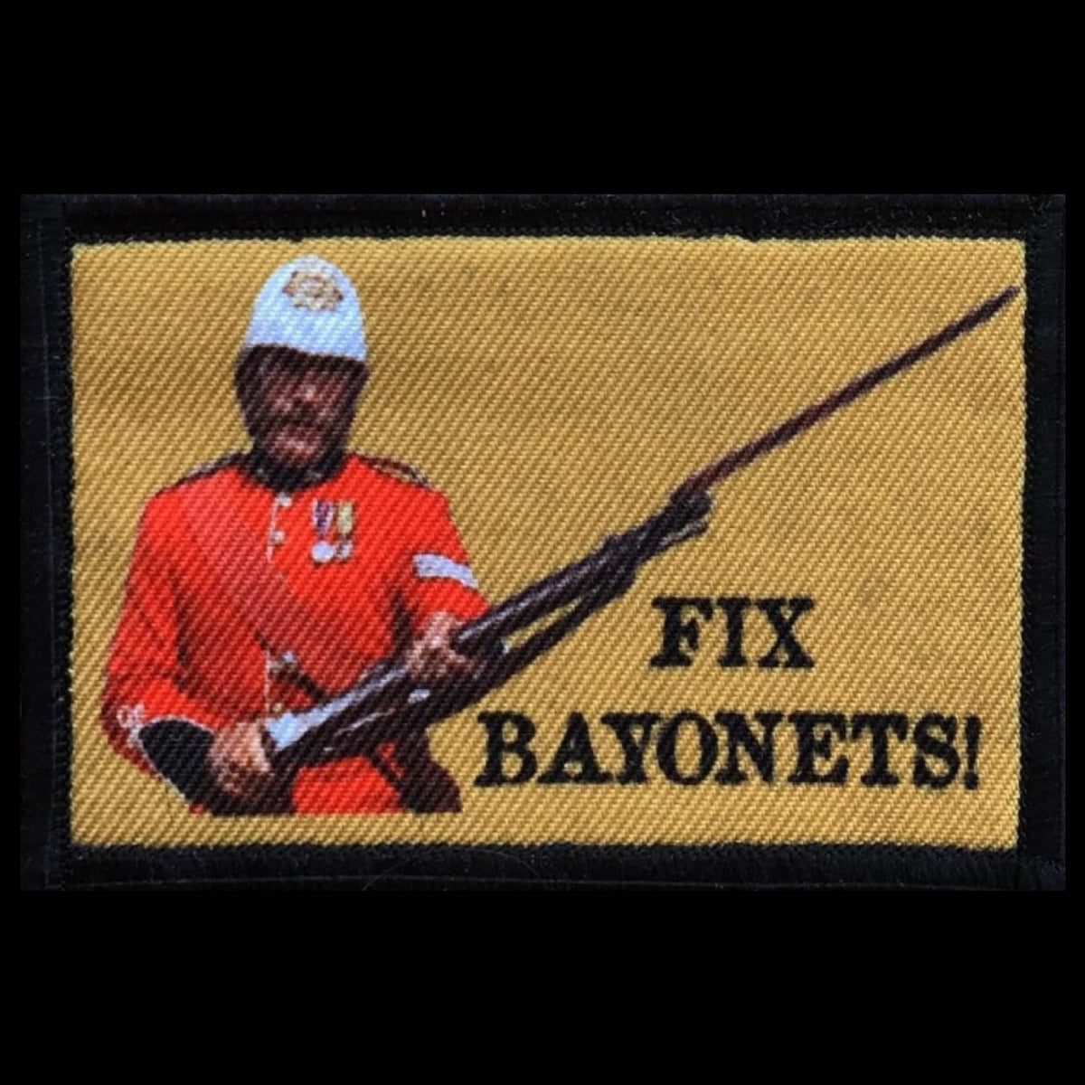 Fix Bayonets morale patch showing a Victorian British soldier in red coat and pith helmet with rifle and bayonet