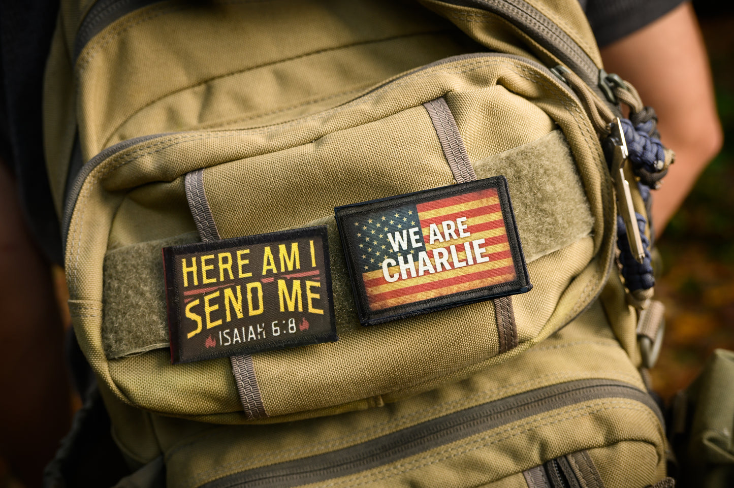 We Are Charlie Kirk Velcro Morale Patch. Subdued USA Flag charlie kirk patches 2x3 hook and loop tactical patch for backpacks, hats, Plate carriers, caps, Tactical vest and molle systems. Made in the USA