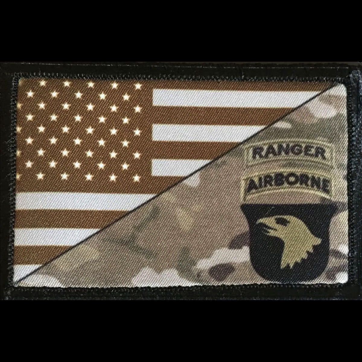 101st Airborne Ranger Subdued Morale Patch showing split American flag and multicam helmet with Ranger and Airborne arc tabs