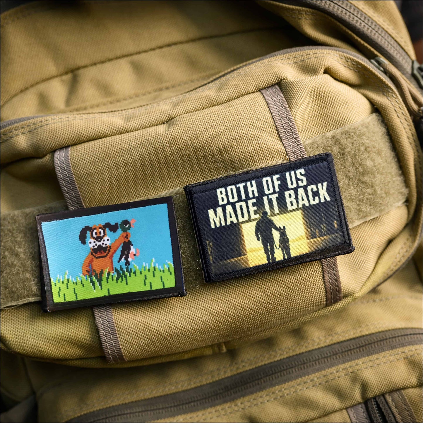 Both of Us Made It Back patch for K9 Handlers and fans of the movie Heart of the Beast on a tactical backpack