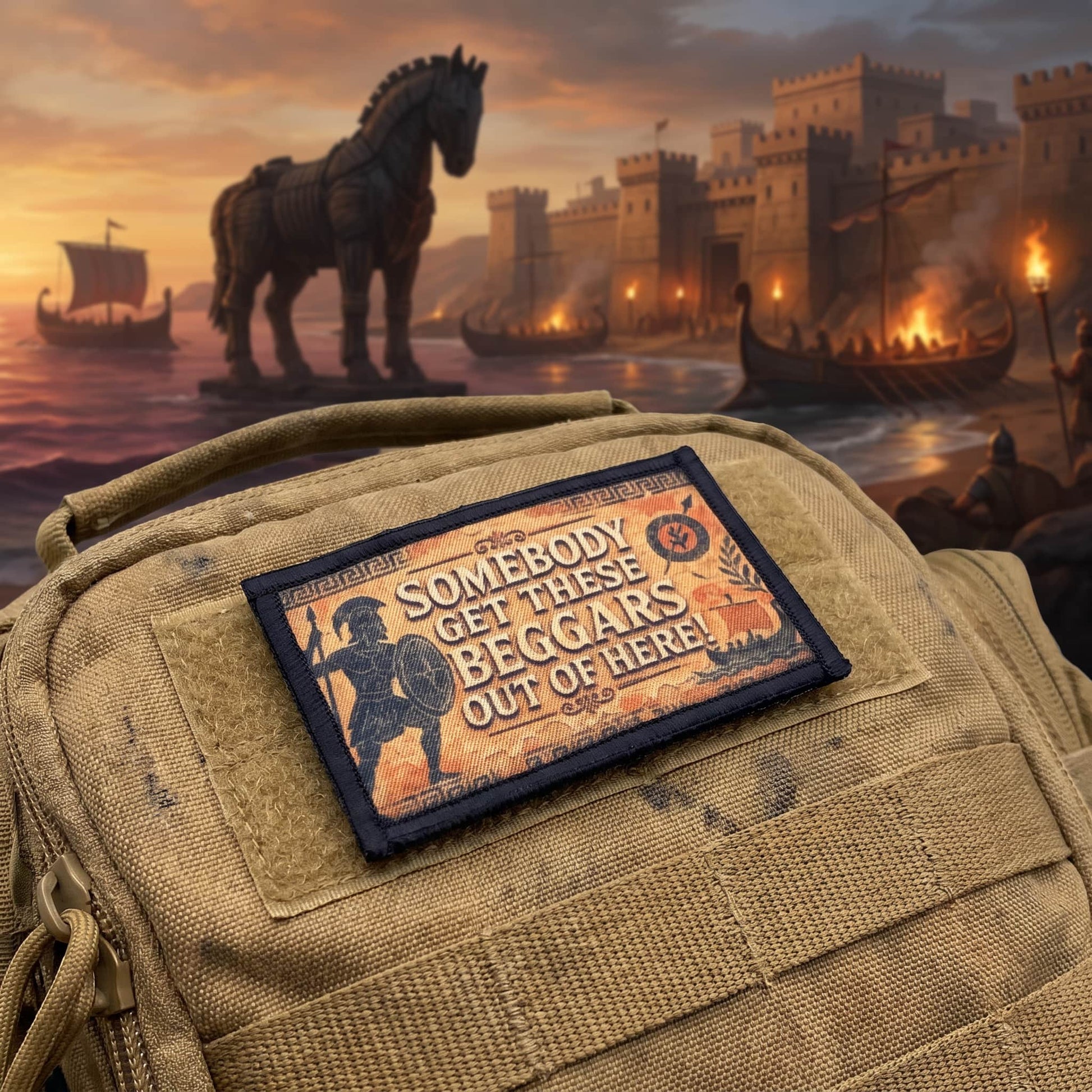 Somebody Get These Beggars Out of Here Odyssey Morale Patch close-up of dye-sublimation printed warrior silhouette and classical ship detail
