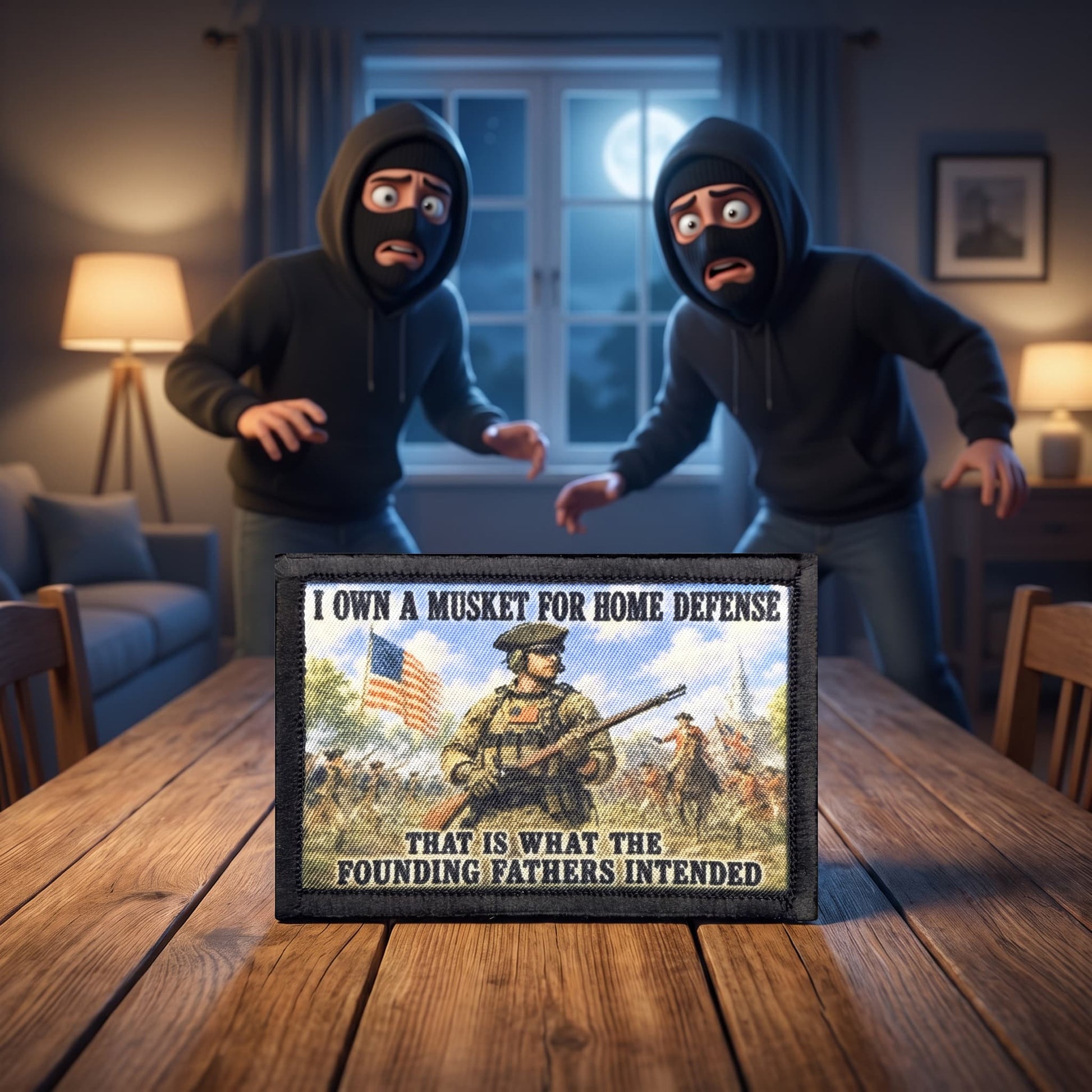 I Own A Musket for Home Defense As The Founding Fathers Intended Morale Patch on a table with home invaders behind the patch