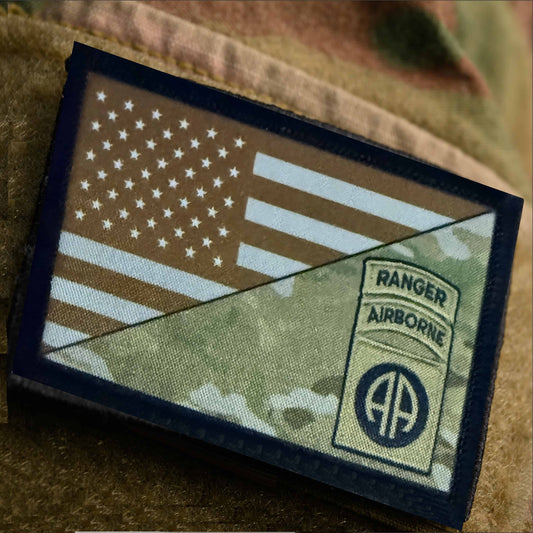 Morale patch affixed to a hat or range bag loop panel, showing a practical everyday carry use of the 82nd Airborne Ranger subdued flag design.