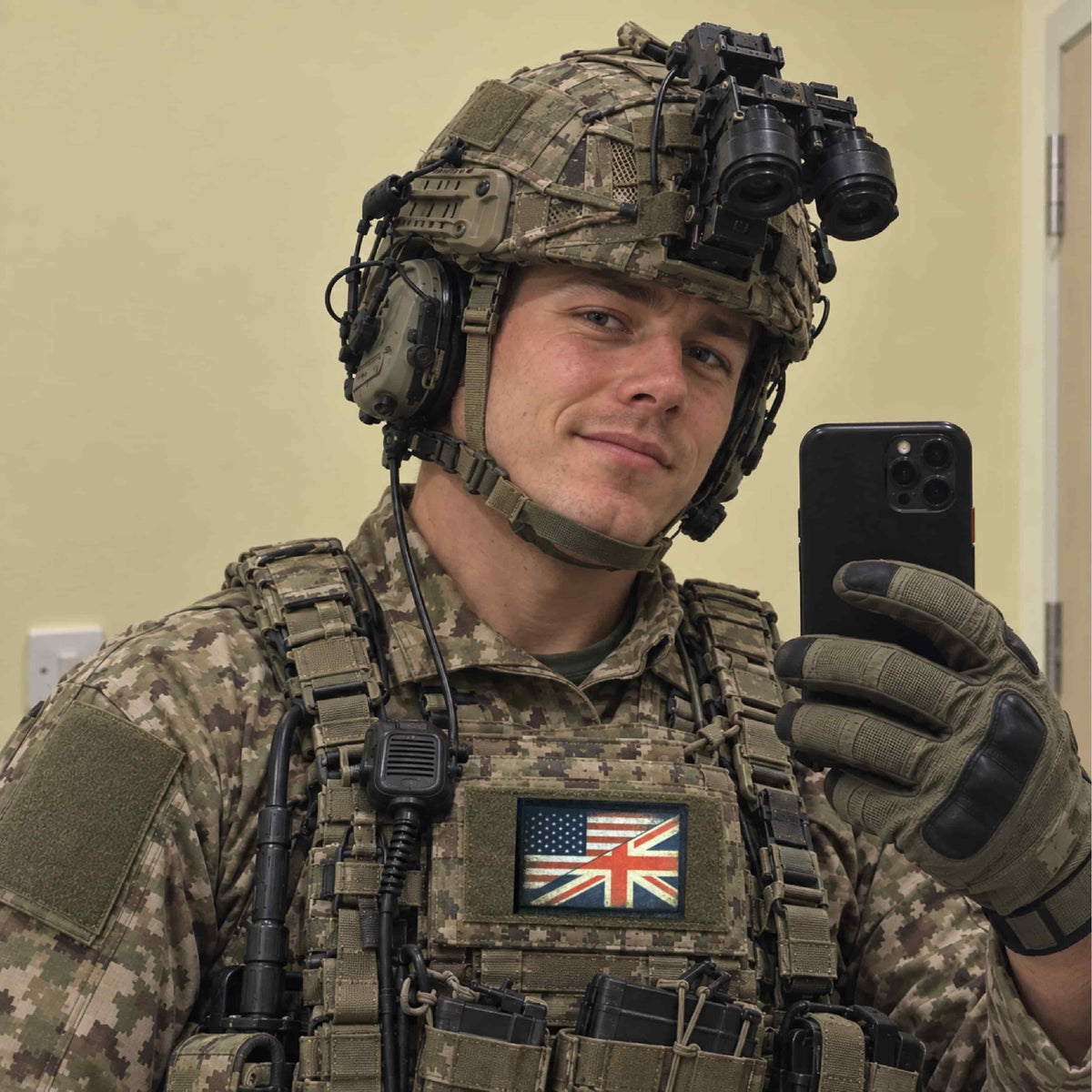 Diagonal Union Jack and USA flag morale patch displayed on a backpack hook-and-loop panel