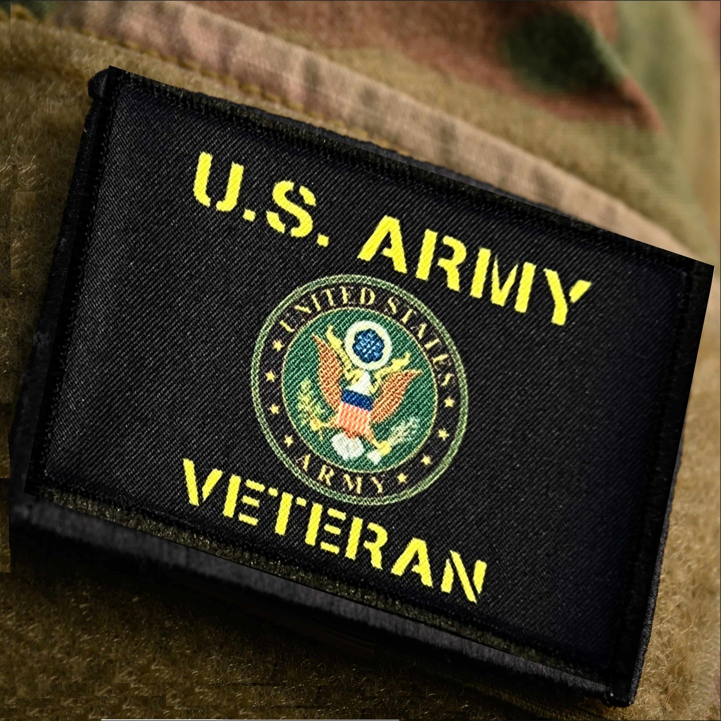 U.S. Army Veteran Morale Patch showing hook-and-loop loop-side backing for attachment to tactical gear