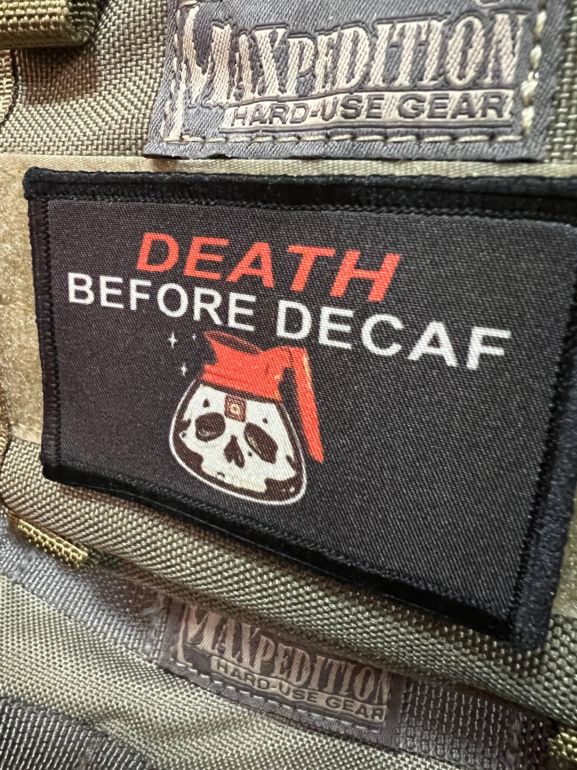 Death Before Decaf Morale Patch Morale Patches Redheaded T Shirts 